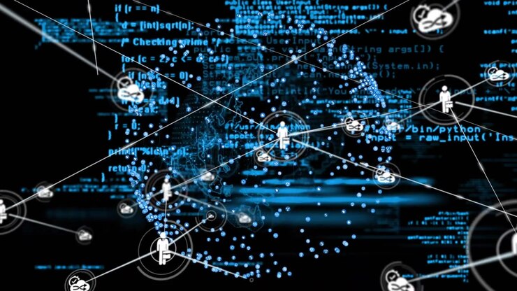 Central user icon initiating connections, data globe expanding, forming scalable technology network