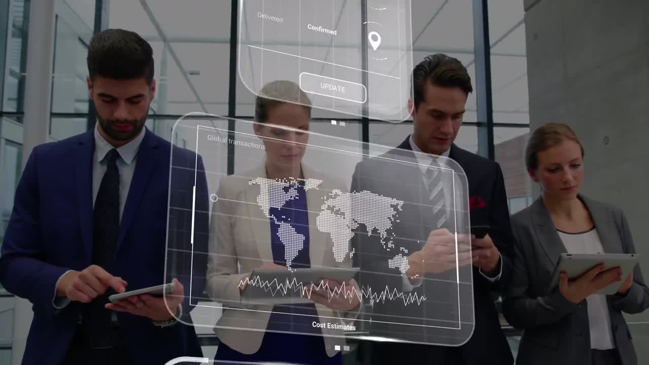 animación de datos en pantallas sobre hombres de negocios caucásicos con tabletas