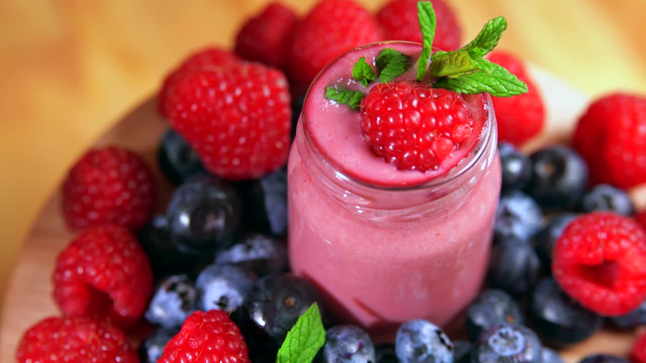 Glass with light dessert with strawberry and blueberries with mint on the berries background. 4K
