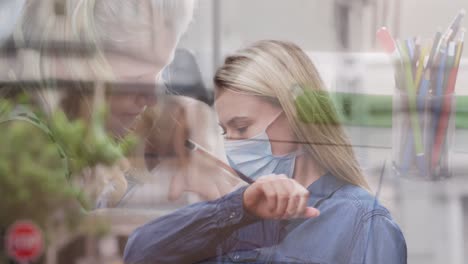 composite video of caucasian woman coughing against caucasian girl studying at school