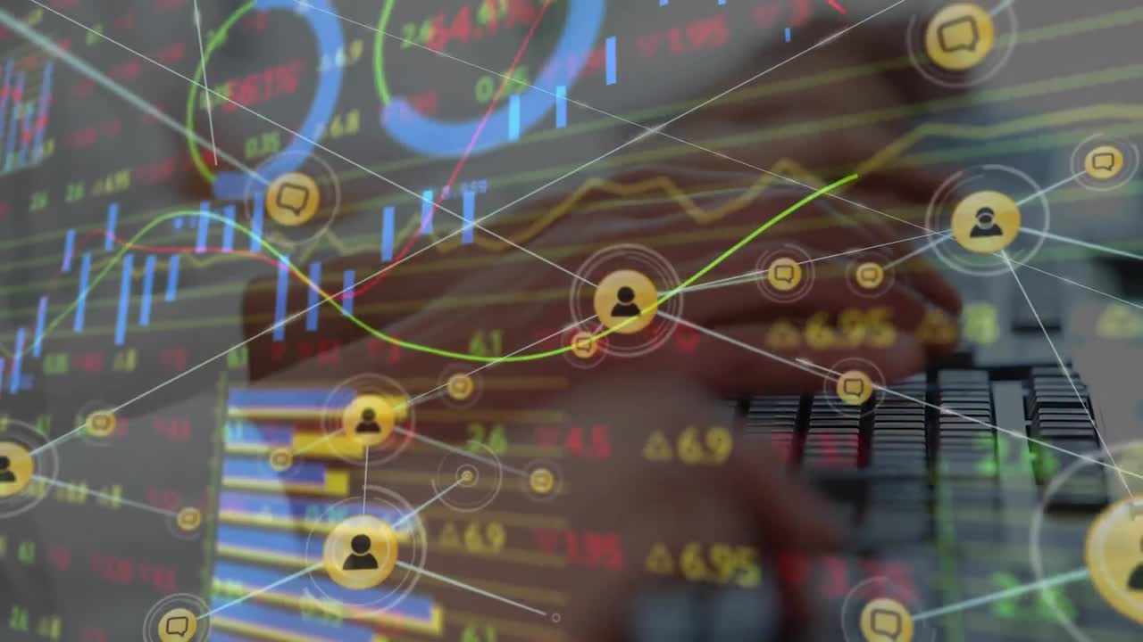 컴퓨터를 사용하는 사업가 그룹에 대한 금융 데이터 처리의 애니메이션