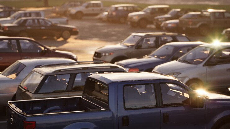 Vehículos estacionados en un estacionamiento concurrido al atardecer en un concurrido centro comercial.