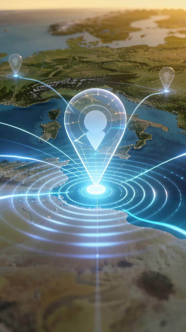 Vertical video: Brightening glow holographic pin rising over coast map, linking nodes via arcs