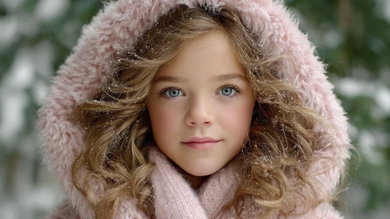Captivating Portrait of a Young Girl in Winter Attire, Showcasing Fluffy Pink Hood and Sparkling Eyes Amidst a Snowy Background
