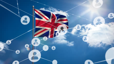 animation of network of connection and icons over uk flag and cloudy sky