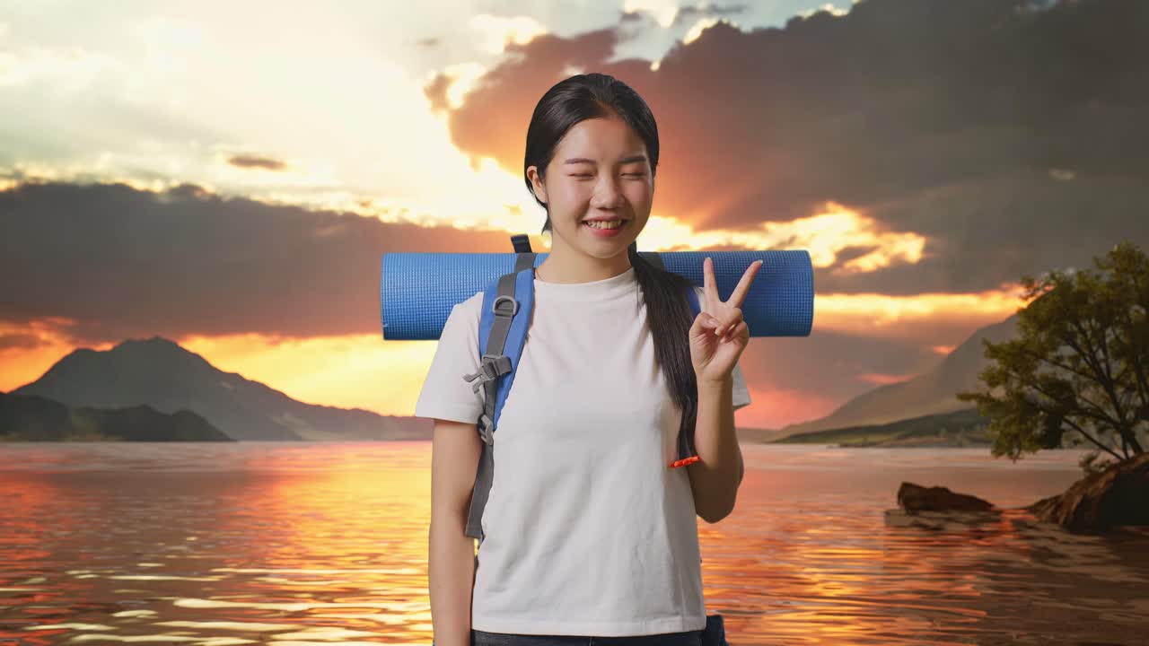 해가 지는 동안 산책하는 행복한 여자