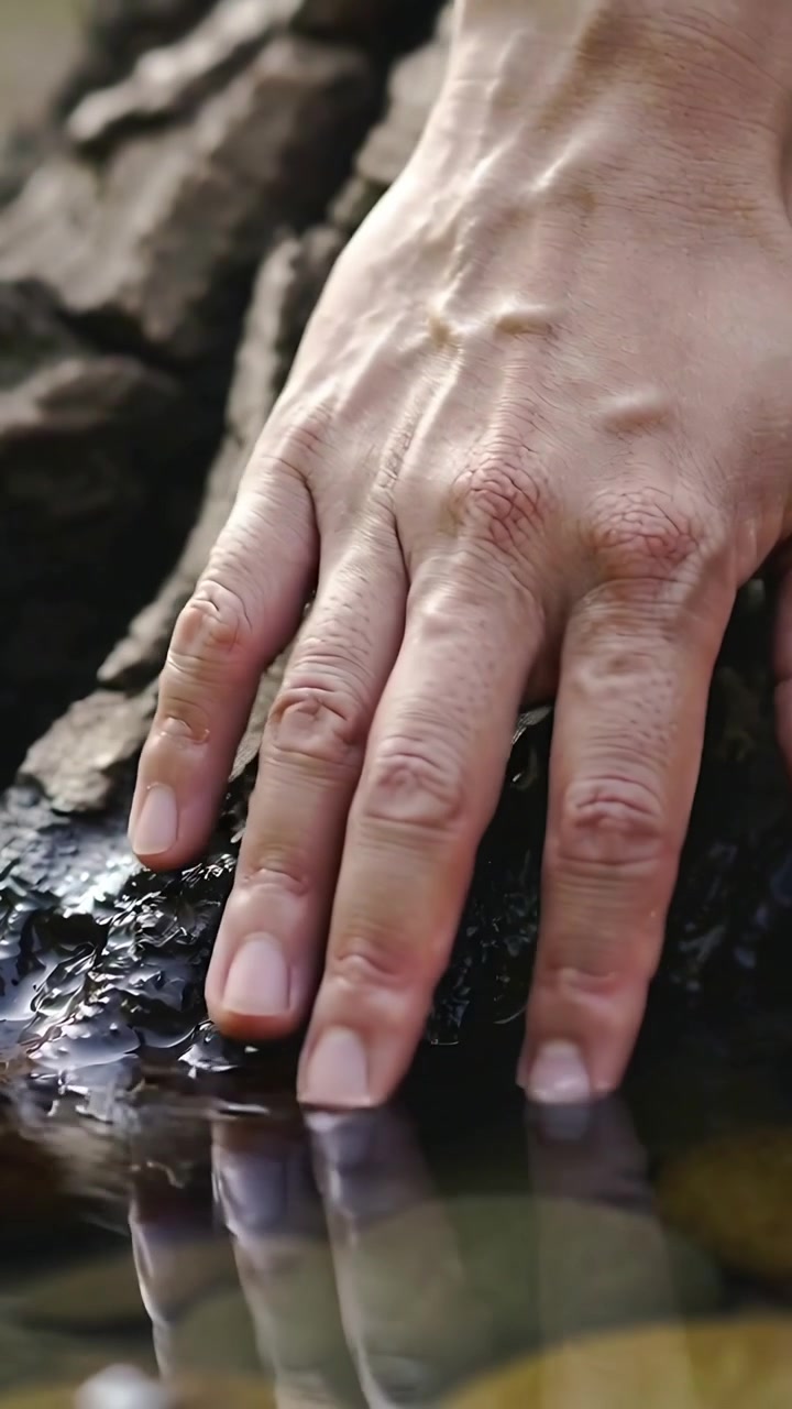 Video verticale: Mano nuda che si muove, premendo le dita sulla corteccia bagnata di un albero vicino a un ruscello, percependo le texture.