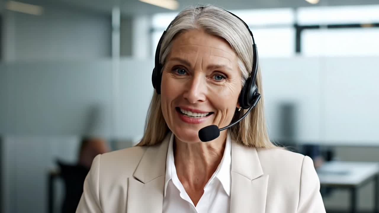 Voksen kvinne med headset som jobber som kundebehandler
