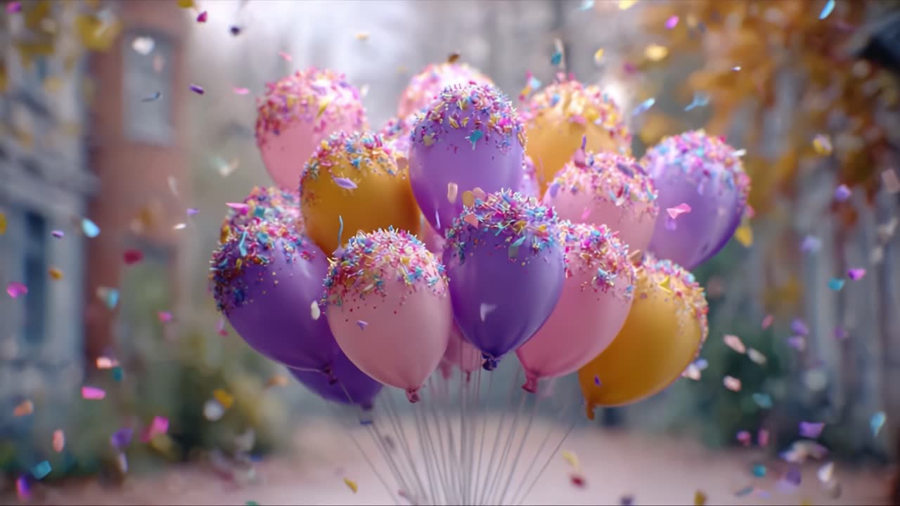 A Quaint Celebration with Festive Balloons: Vibrant and Colorful Balloons Drenched in Confetti Joyfully Adorn the Scene, Eliciting Cheer and Excitement for Any Festive Occasion