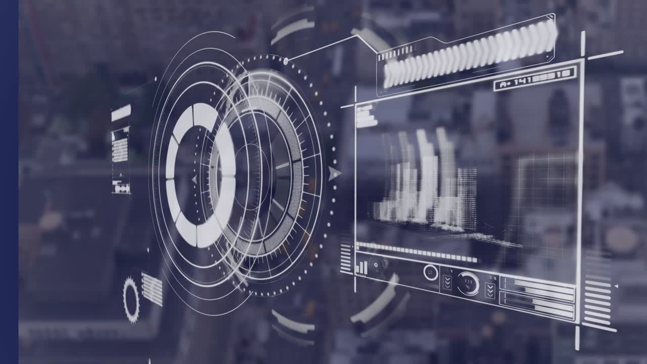 animación del escáner redondo y la interfaz con el procesamiento de datos frente a la vista aérea del paisaje urbano.