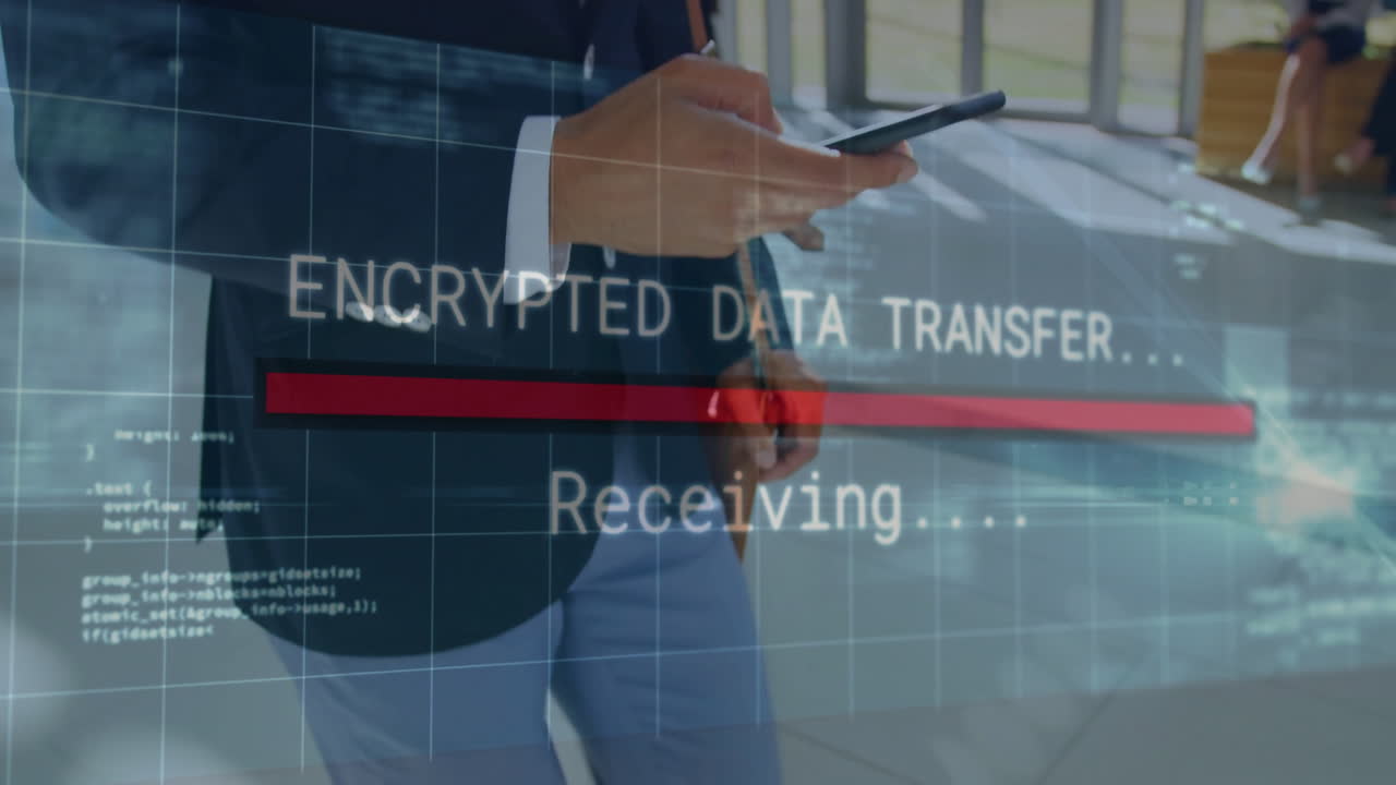 Man using smartphone in business lobby, showing code snippets progress bar encrypted data transfer
