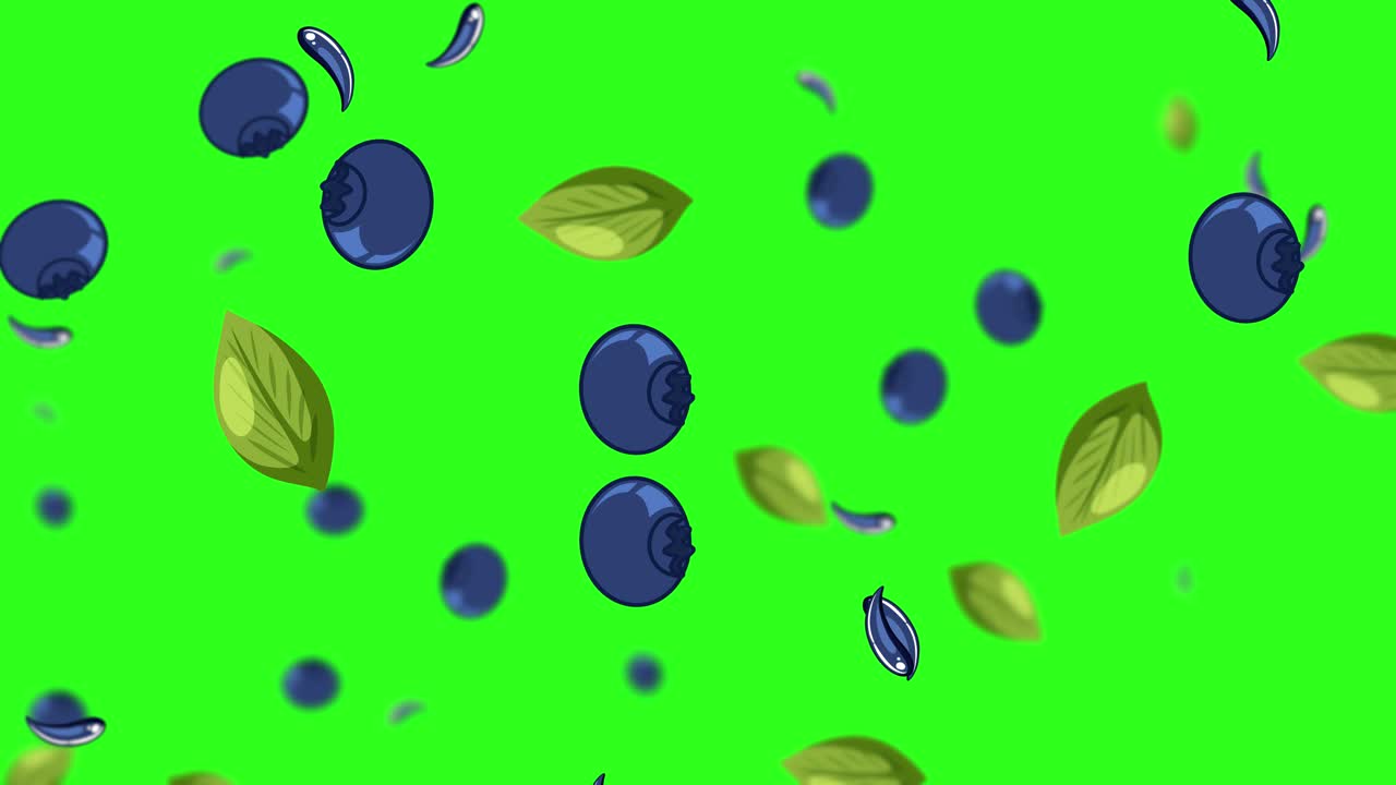 초록색 바탕에 떨어지는 블루베리와 잎