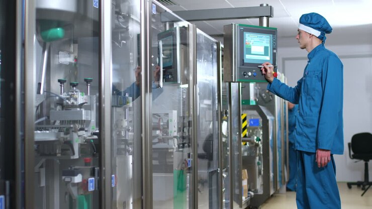 Factory worker operate control screen. Pharmacist using touch panel