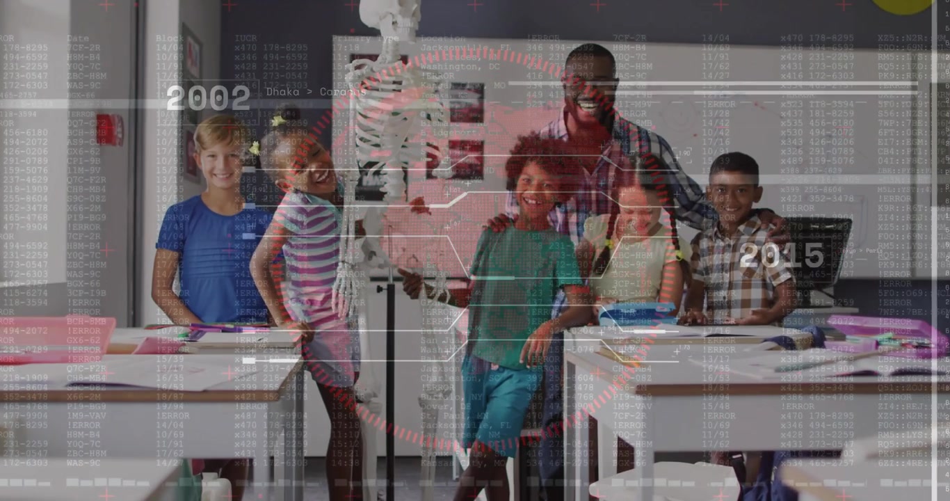 Playback starting, teacher behind 5 kids posing with skeleton in class, HUD years sweeping timeline