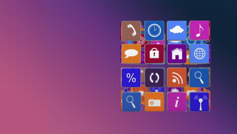 animación de un cubo con iconos digitales volando sobre un fondo púrpura