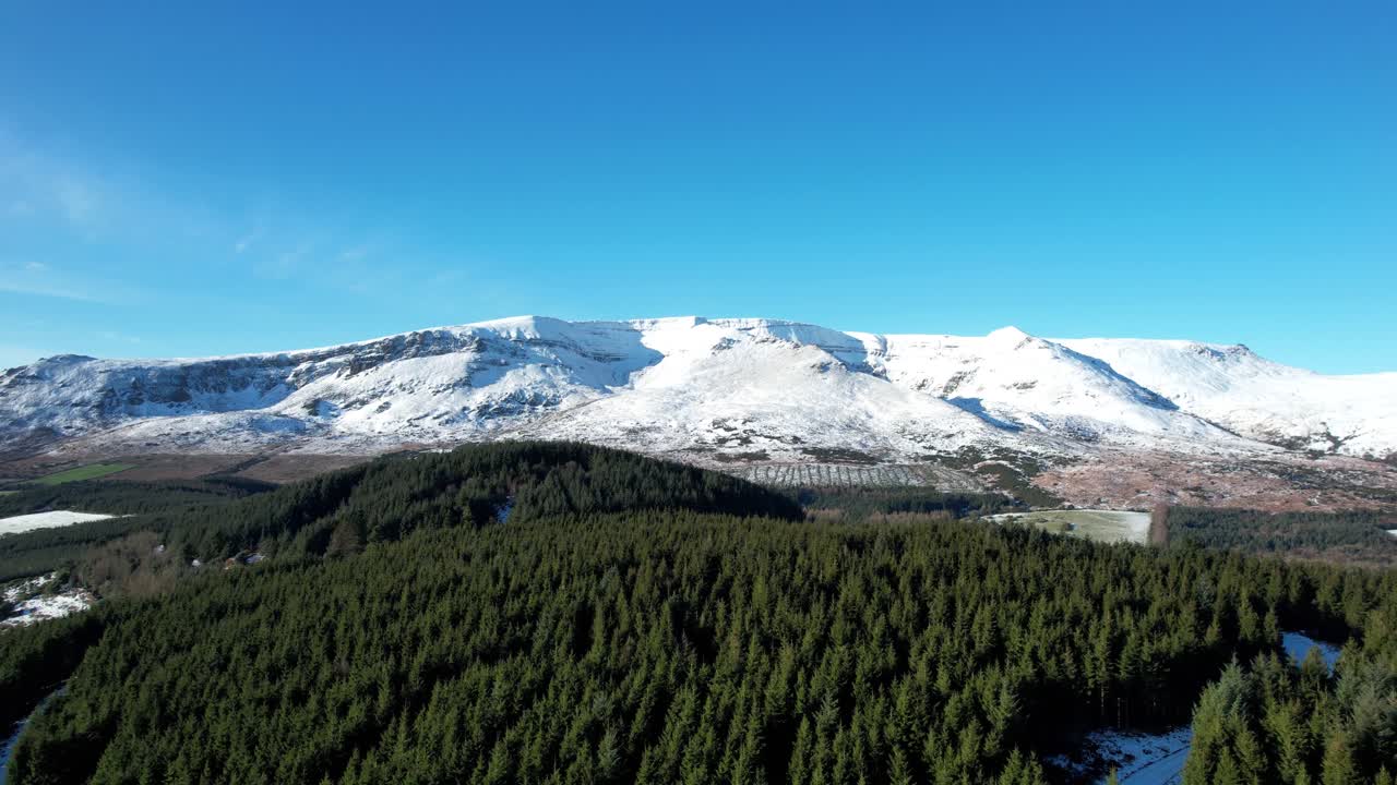 drone aerial green and white snow topped Comeragh Mountains rising shot of this stunning landscape Waterfords beauty