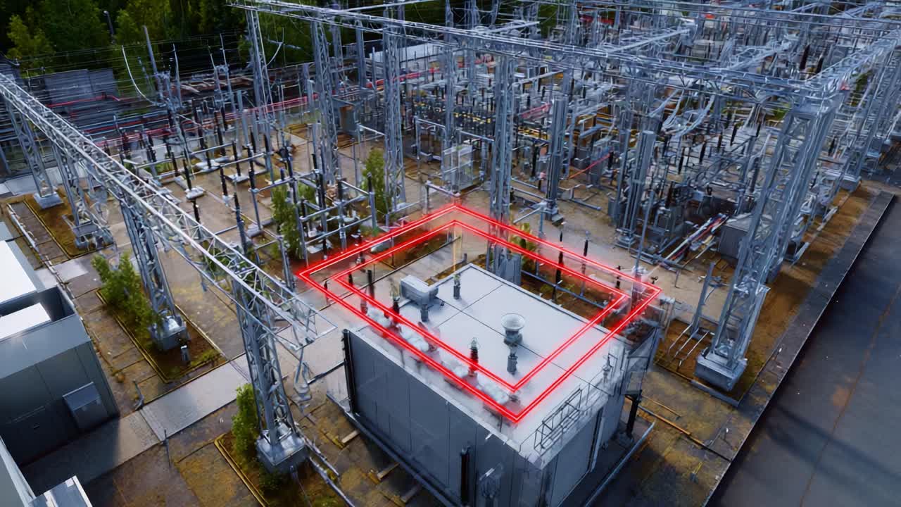 Aerial View of Electrical Substation with Red Highlighted Equipment and Surrounding Infrastructure for Enhanced Safety and Visual Clarity
