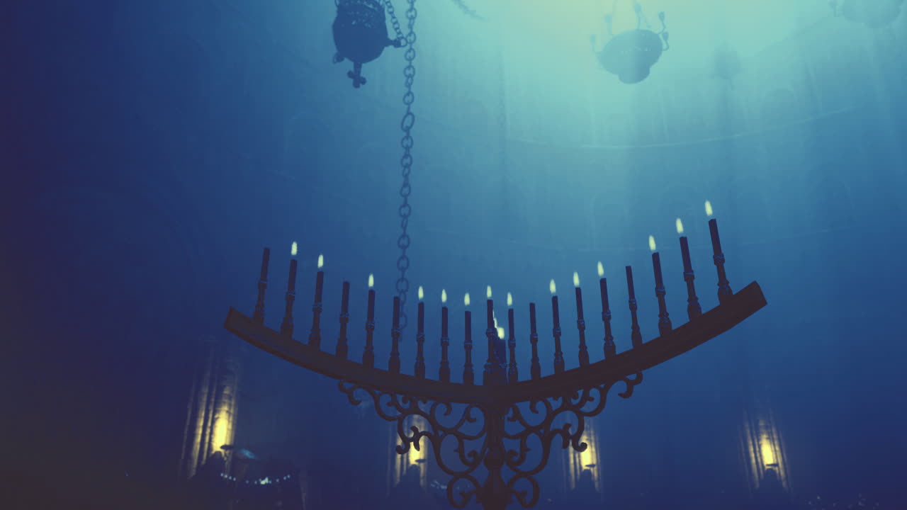 Chandelier casting shadows in a dimly lit room with a mystical atmosphere