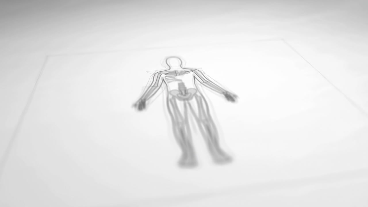 Scena dall'alto che mostra un semplice contorno umano su una superficie piatta e chiara, mentre i contorni interni diventano più densi e scuri e appaiono ombre morbide sotto mani e piedi, creando un sottile effetto di rilievo che si trasforma.
