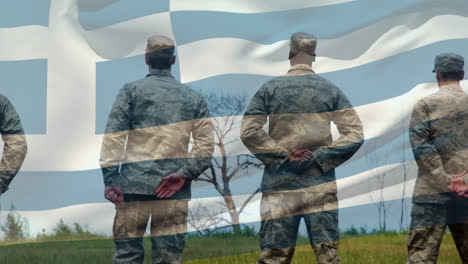 animation of flag of greece over rear view of male soldiers in uniform