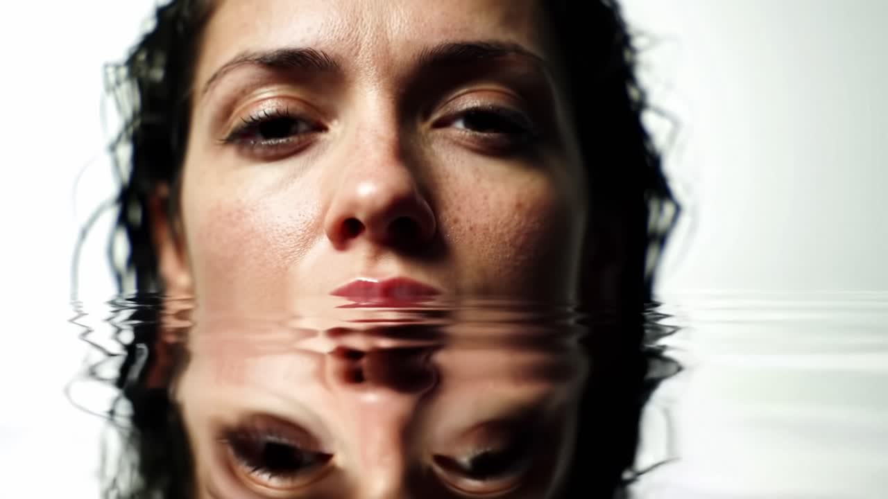 Close up of a woman's face partially submerged in water with reflections capturing a serene moment