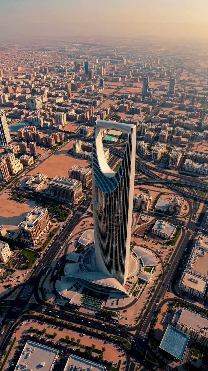 Luftaufnahme eines modernen Wolkenkratzers in einer geschäftigen Stadtlandschaft, die urbane Architektur zeigt