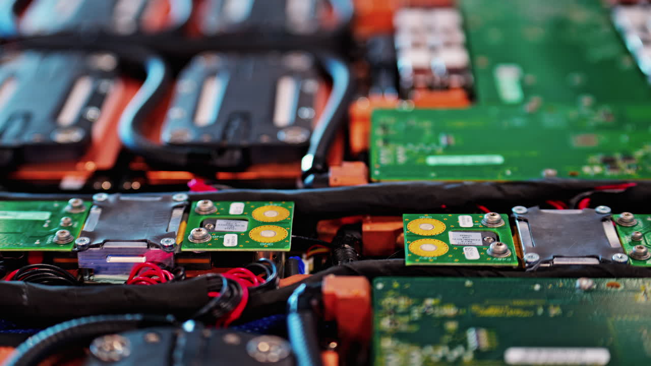 Close-up of an advanced electronic system with green printed circuit boards, insulated high-power connectors, and structured wiring