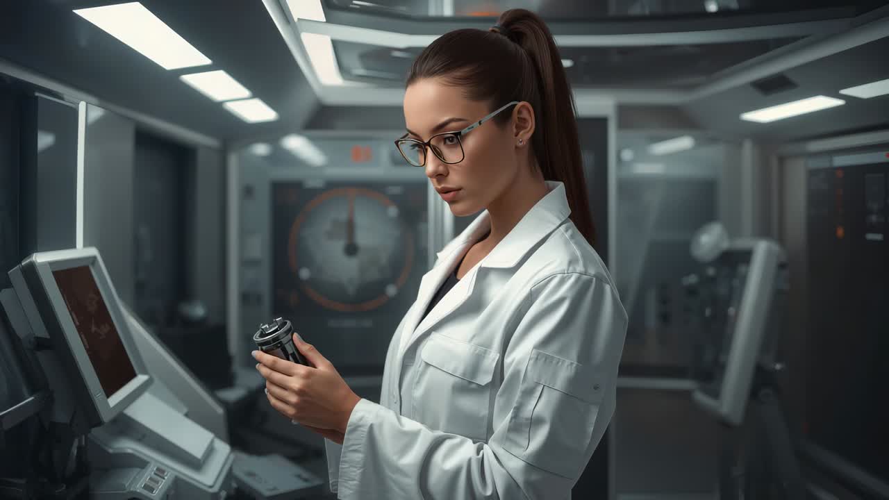 Inspecting researcher in lab coat holding small cylinder at touchscreen, noticing camera