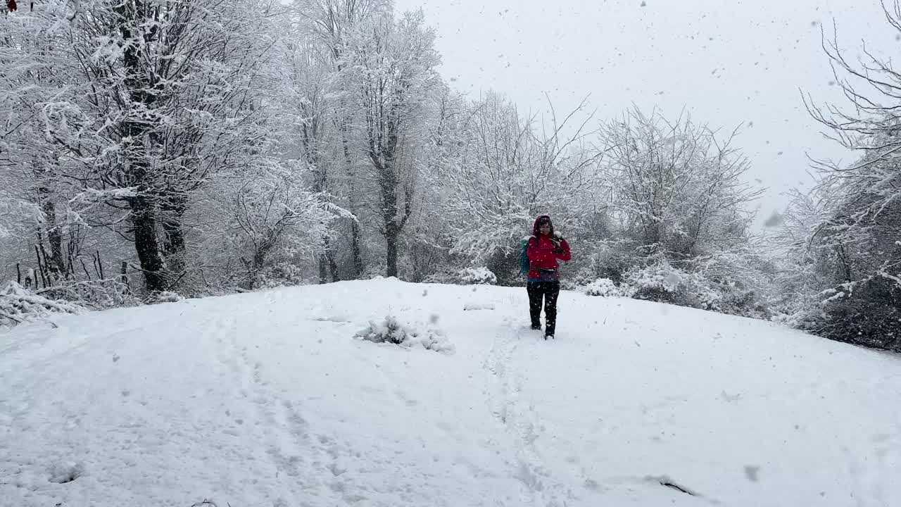 una mujer usa una chaqueta roja en la nieve temporada de invierno y lanzar bola de nieve hacia la cámara la maravillosa nevada en el bosque hyrcanian montaña bosque paisaje natural naturaleza panorámica amplia vista de colinas de nieve blanca