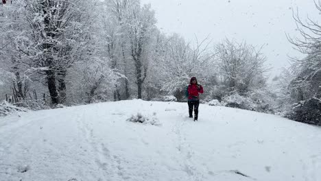 Una-Mujer-Usa-Una-Chaqueta-Roja-En-La-Temporada-De-Invierno-Con-Nieve-Y-Lanza-Una-Bola-De-Nieve-Hacia-La-Cámara-La-Maravillosa-Nevada-En-El-Bosque-Bosque-De-Montaña-Hyrcanian-Paisaje-Natural-Naturaleza-Escénica-Vista-Amplia-De-Colinas-De-Nieve-Blanca