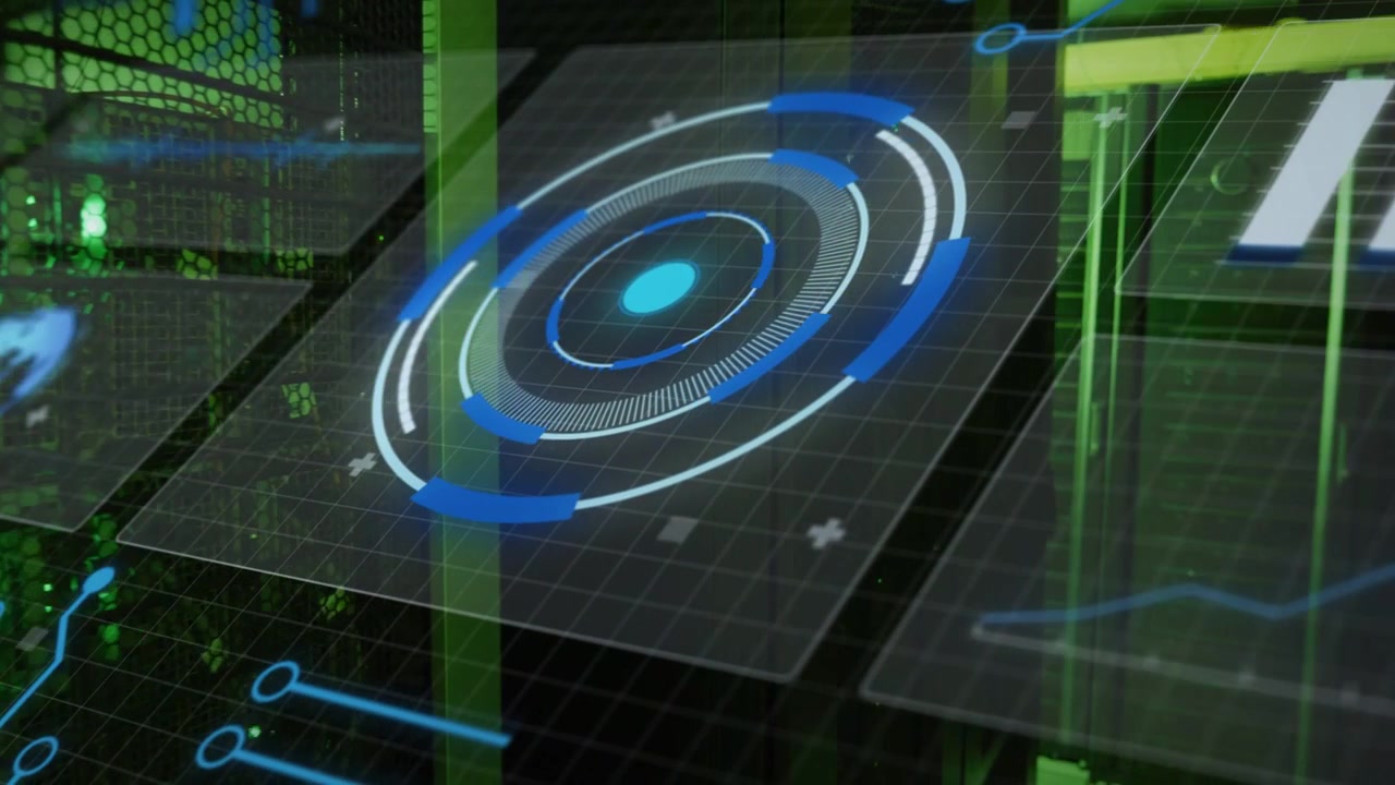 Vertical video: Booting, translucent HUD rotating and pulsing, showing server status in data center