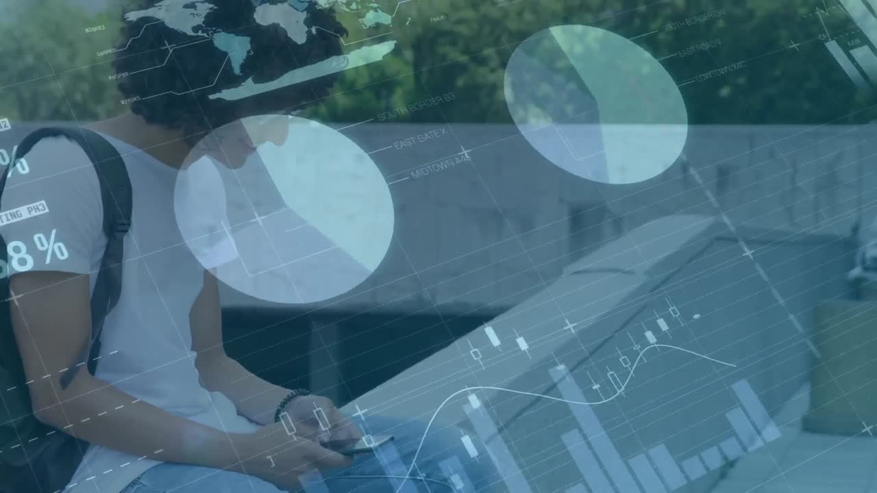 스마트 폰을 사용하는 혼합 인종 남성의 금융 데이터 처리 애니메이션