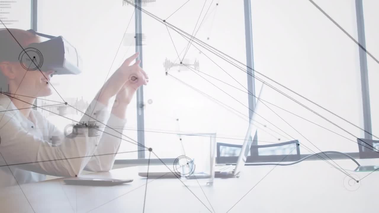 vr 헤드 ⁇ 을 착용한 여성에 대한 연결 네트워크의 애니메이션