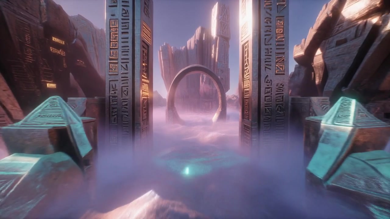 Cinematic Sci-Fi Landscape with Ancient Alien Monoliths and Glowing Portal
