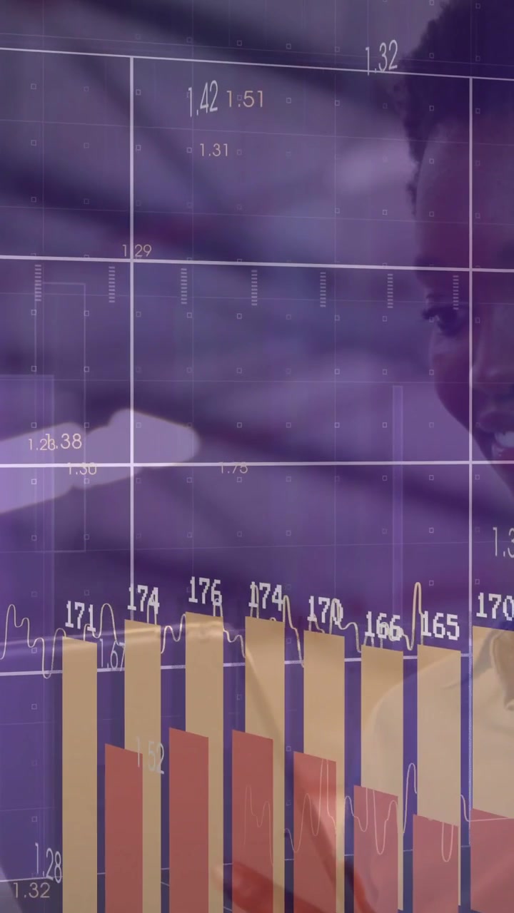 Vertical video: Woman tapping tablet and analyzing business data, animated grid and bars rising