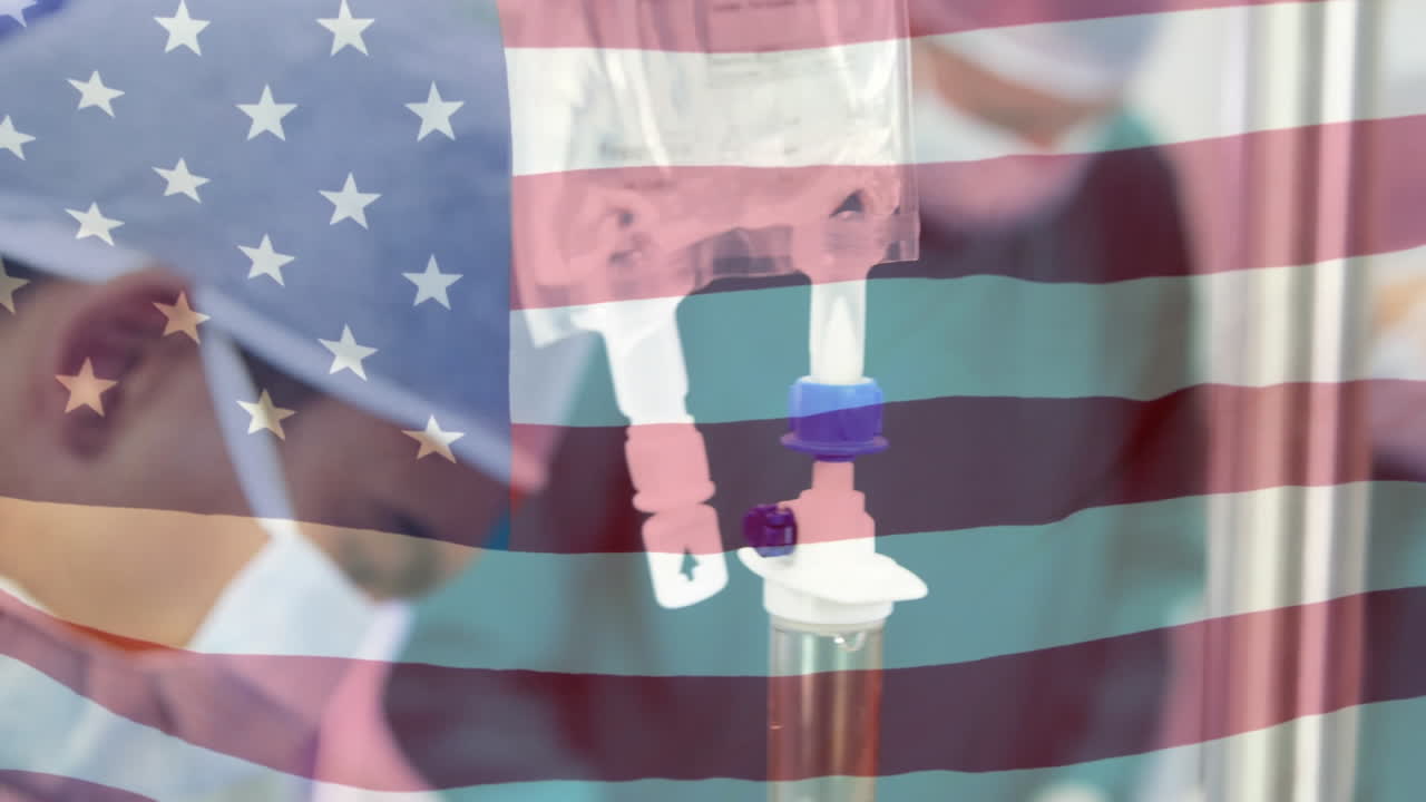 animación de la bandera de los estados unidos ondeando sobre los cirujanos en el quirófano