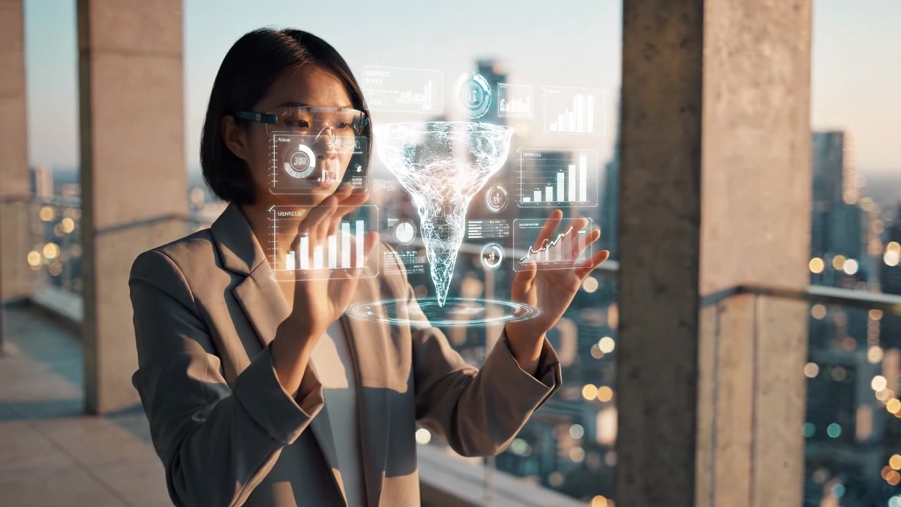 Une femme utilisant la technologie de réalité augmentée pour interagir avec la visualisation de données dans un paysage urbain moderne au coucher du soleil, avec une orientation et un engagement futuristes.