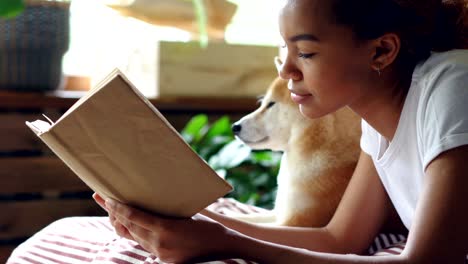 un primer plano de una mujer afroamericana inteligente leyendo un libro en su tiempo libre acostada en la cama con su perro de pedigrí con una gran ventana y plantas verdes en el fondo.
