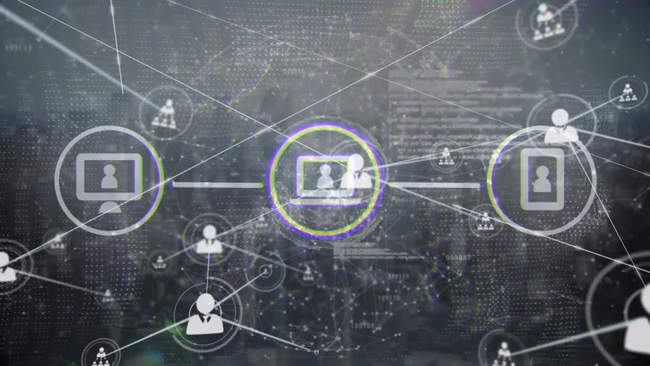 animación del procesamiento de datos sobre iconos de medios