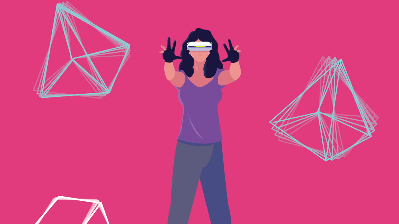 animación de tecnología de realidad virtual con usuario femenino y figuras