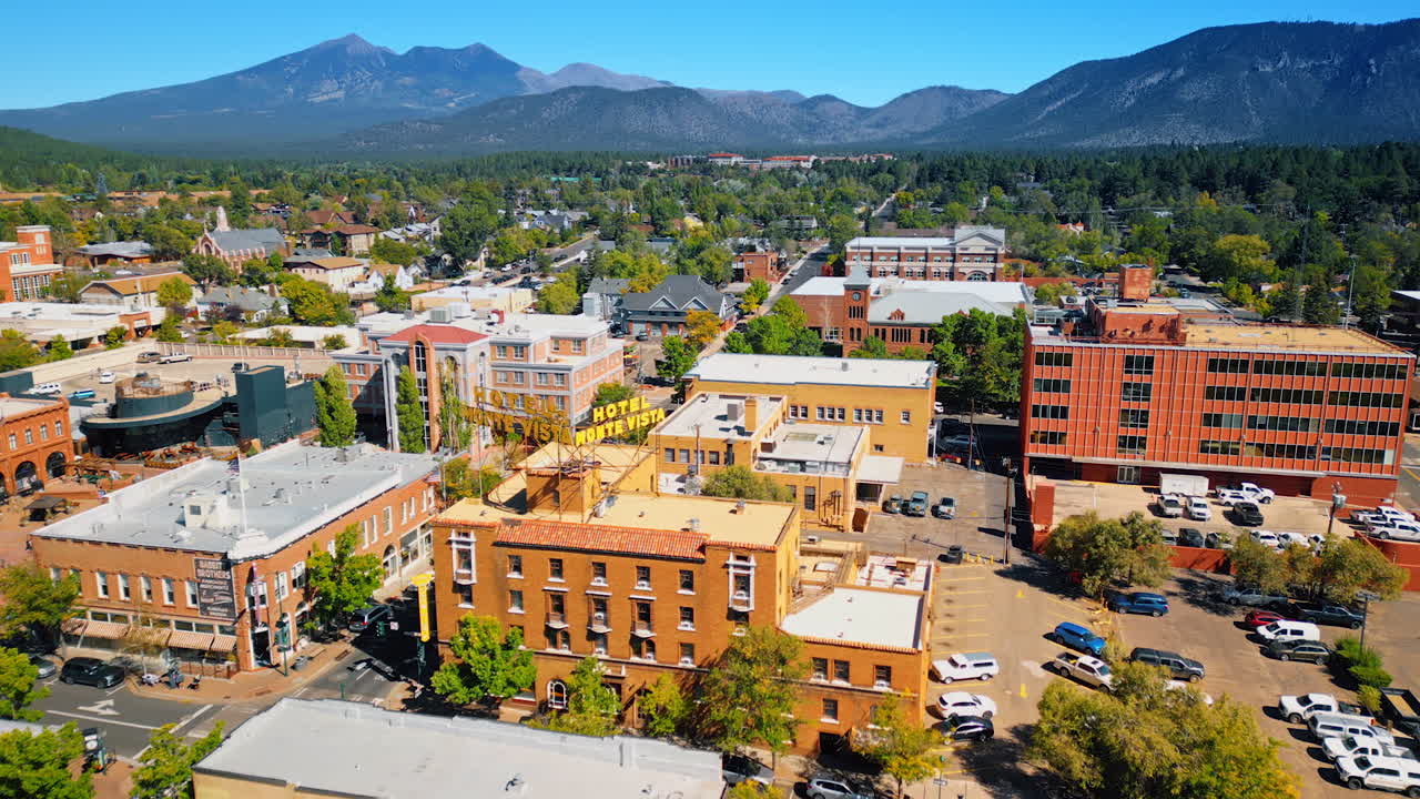 Flagstaff, USA, 24 August 2025: Amazing scenery of a city with lush greenery on sunny day. Aerial perspective on Flagstaff, Arizona, USA