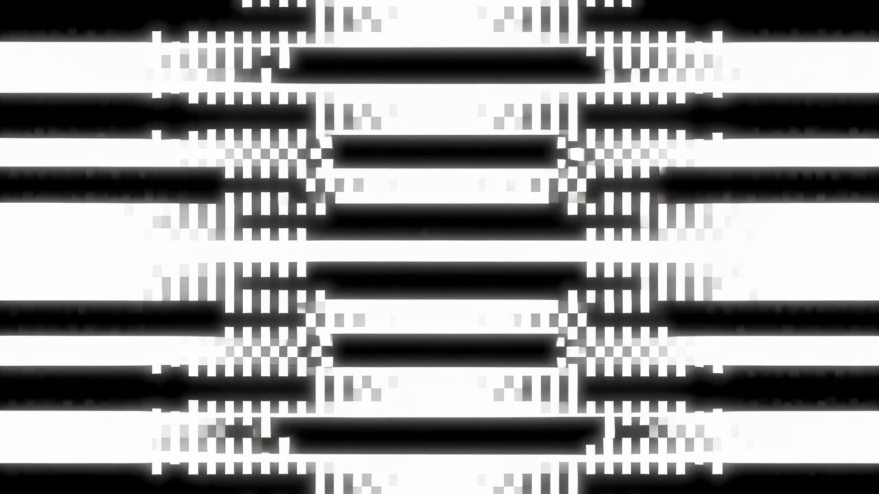 Animating centered bars as frames shifting on screen, pulling checker clusters then fading symmetry