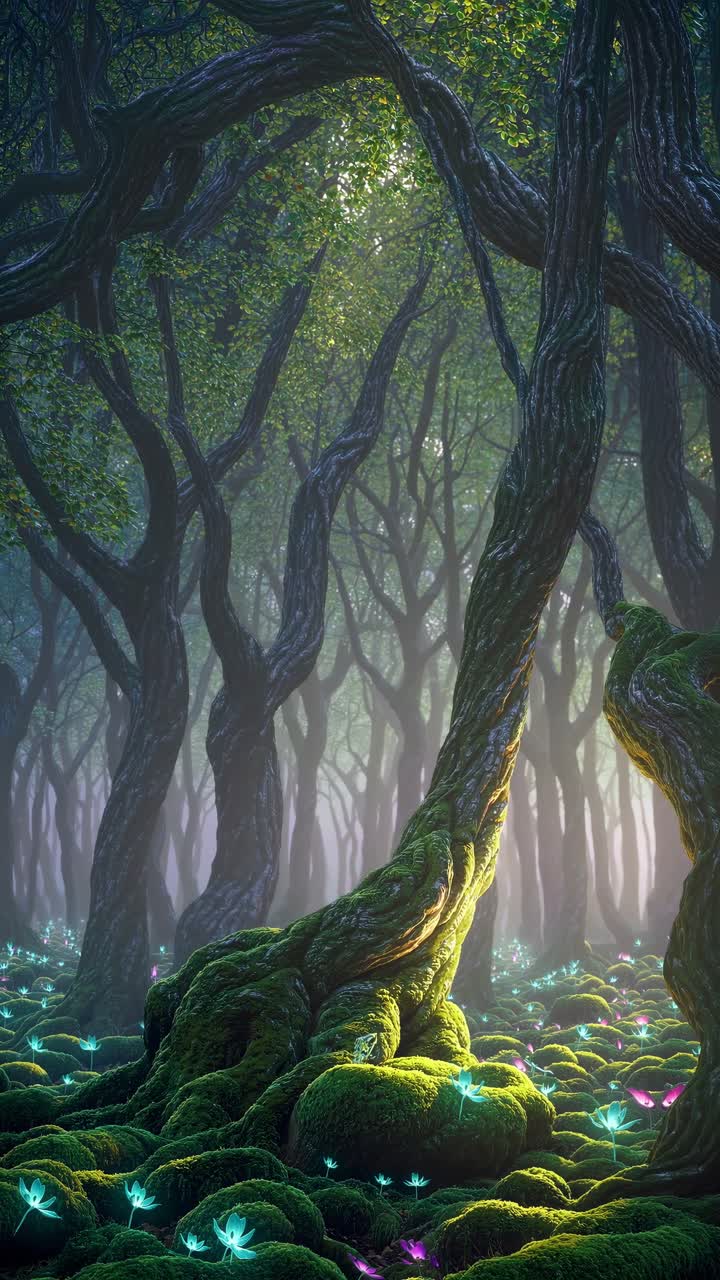 Enchanted forest scene with glowing flora, captured from a low angle
