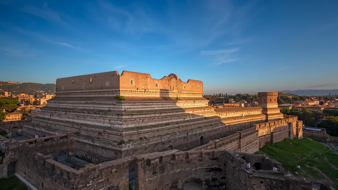 Shifting sunlight revealing terraces on ancient stepped monument from drone vantage, exposing tower
