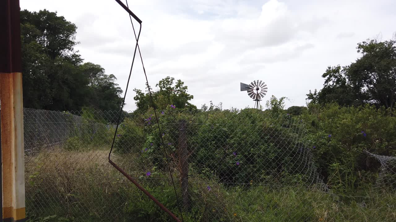 Rural landscape at daylight with windmill turning in the background, forested area with nobody, no people