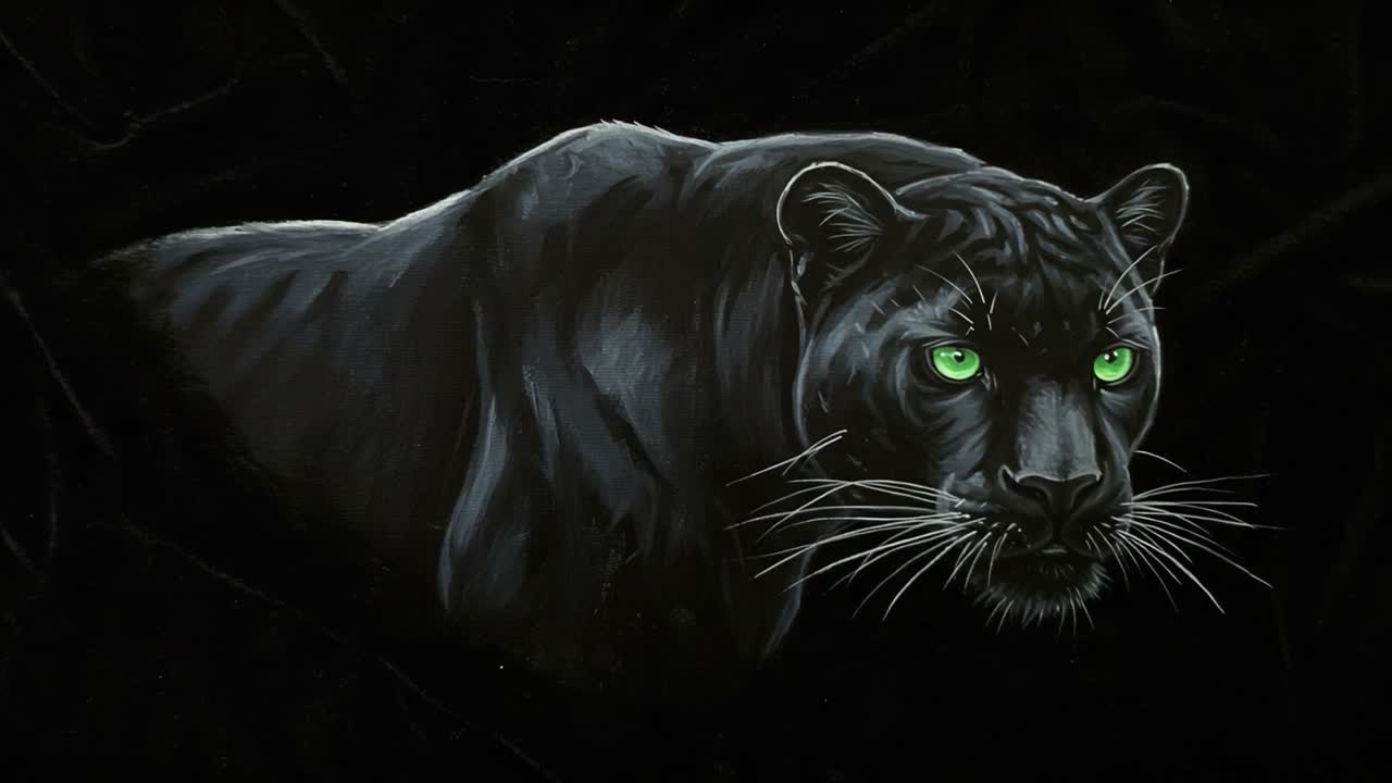 A Captivating Depiction of a Mysterious Black Panther with Striking Green Eyes, Dramatically Set Against a Dark Background, Portraying its Stealth and Elegance