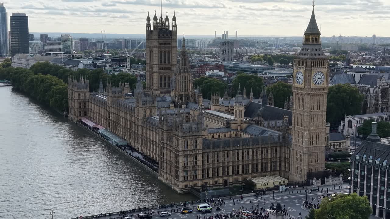 Houses of Parliament London UK Panning drone aerial