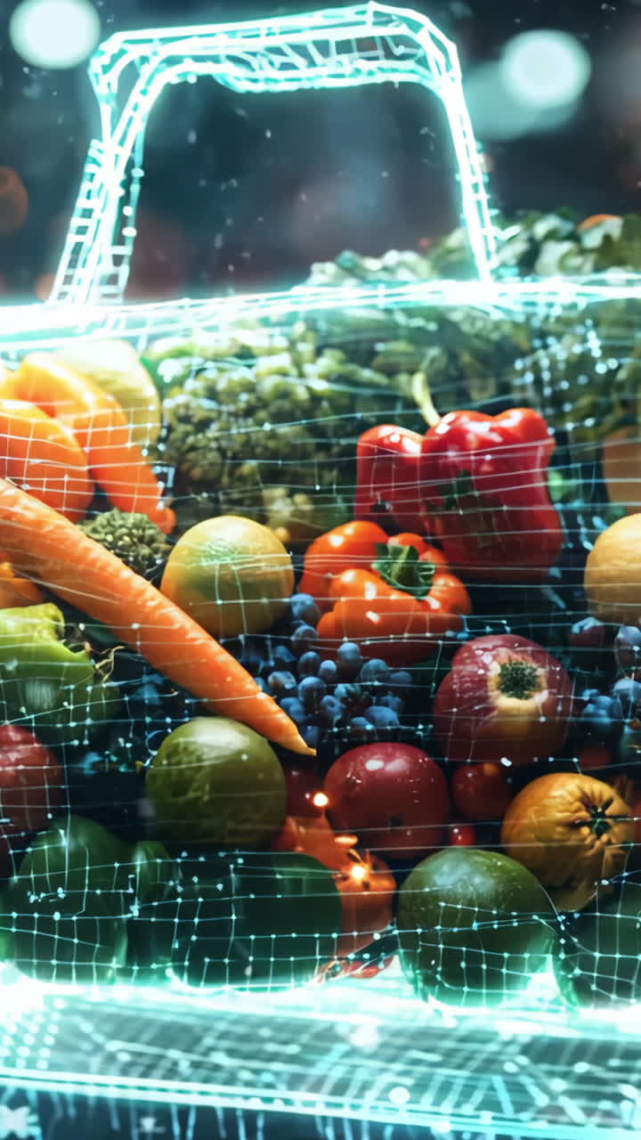 A bag of fruits and vegetables is shown in a blurry, dreamy way. The bag is filled with apples, oranges, and carrots. Concept of freshness and abundance