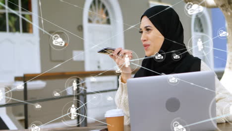 using smartphone and laptop, woman with network connections and communication animation