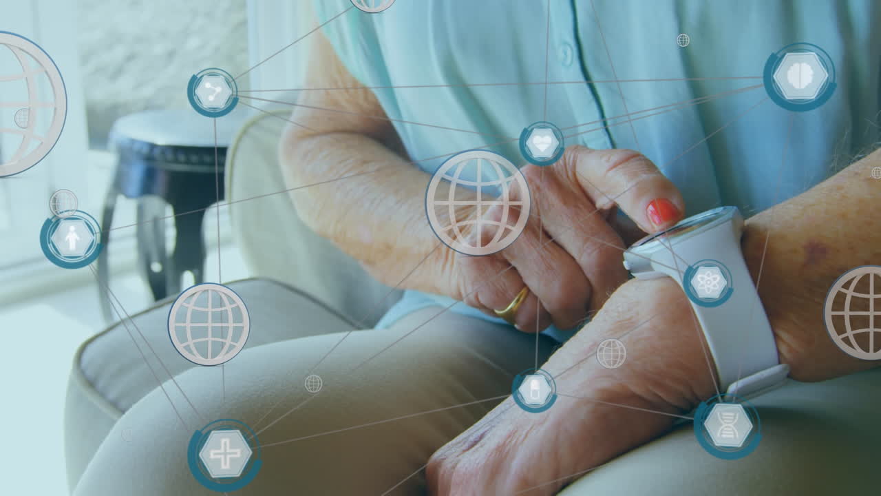 animación de iconos de los medios sobre un anciano caucásico que usa un reloj inteligente